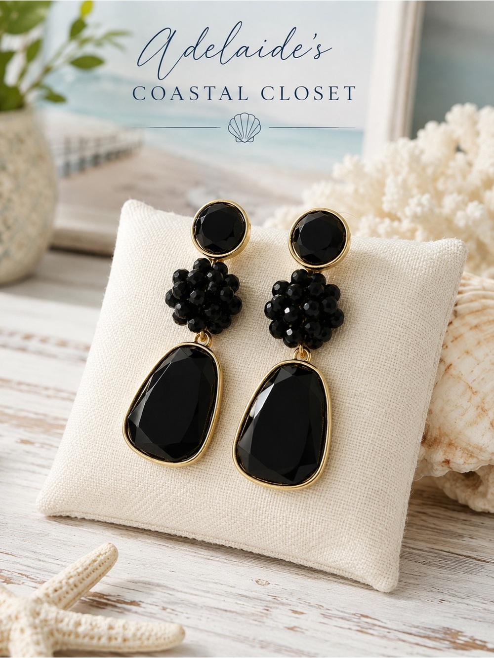 Talbots Black Beaded Crystal Drop Earrings Gold Tone